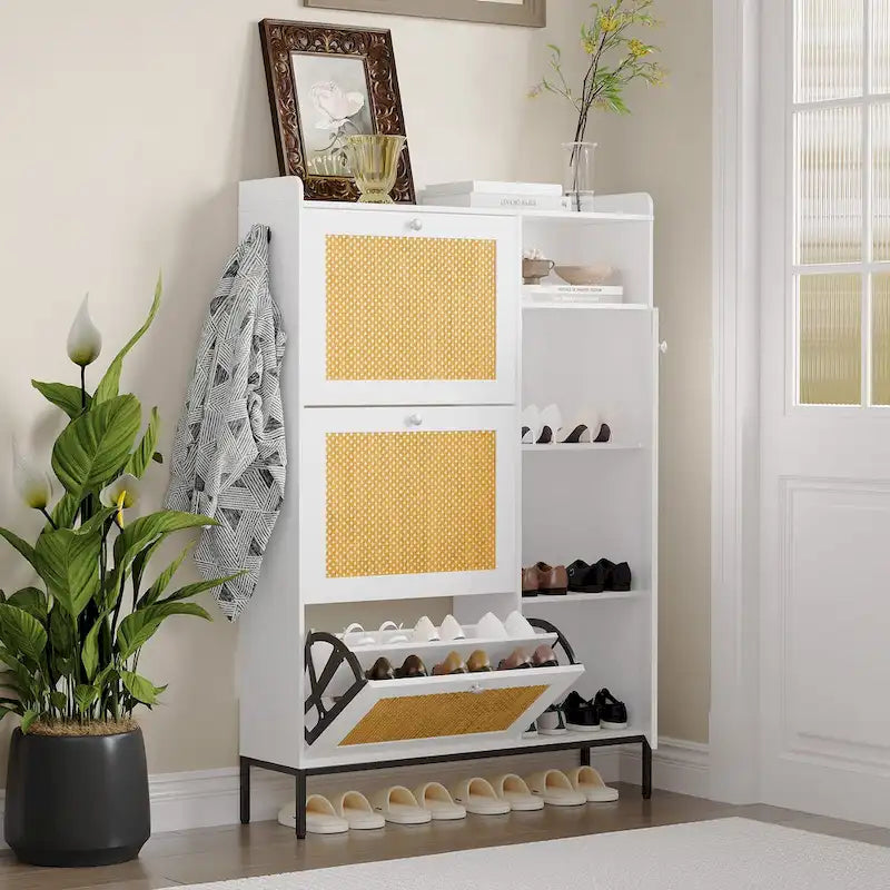 Rattan Shoe Cabinet with Flip Drawers Open Shelf Side Hooks and Top Fence