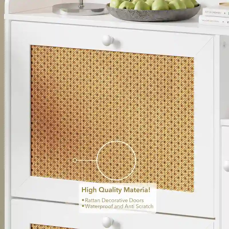 Rattan-Schuhschrank mit Klappschubladen, offenem Einlegeboden, seitlichen Haken und oberer Umrandung