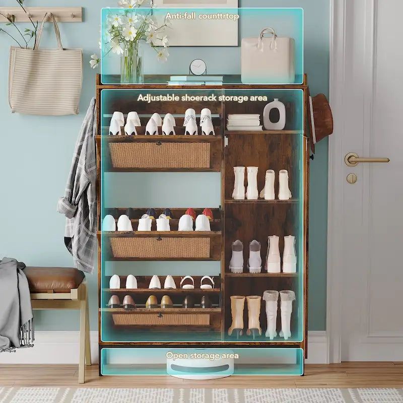 Rattan-Schuhschrank mit Klappschubladen, offenem Einlegeboden, seitlichen Haken und oberer Umrandung