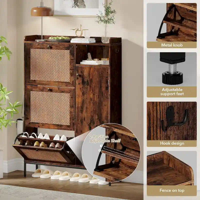 Rattan-Schuhschrank mit Klappschubladen, offenem Einlegeboden, seitlichen Haken und oberer Umrandung