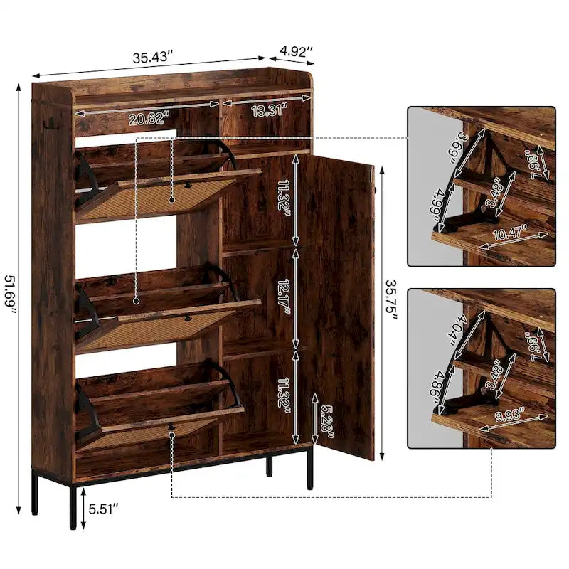 Rattan-Schuhschrank mit Klappschubladen, offenem Einlegeboden, seitlichen Haken und oberer Umrandung