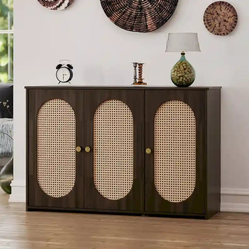 3-Door Sideboard Buffet Cabinet with Oval Rattan Panel Doors Metal Handles and Cable Management Holes