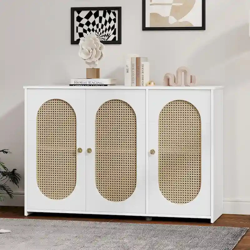 3-Door Sideboard Buffet Cabinet with Oval Rattan Panel Doors Metal Handles and Cable Management Holes