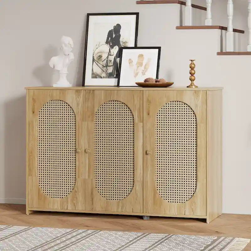 3-Door Sideboard Buffet Cabinet with Oval Rattan Panel Doors Metal Handles and Cable Management Holes