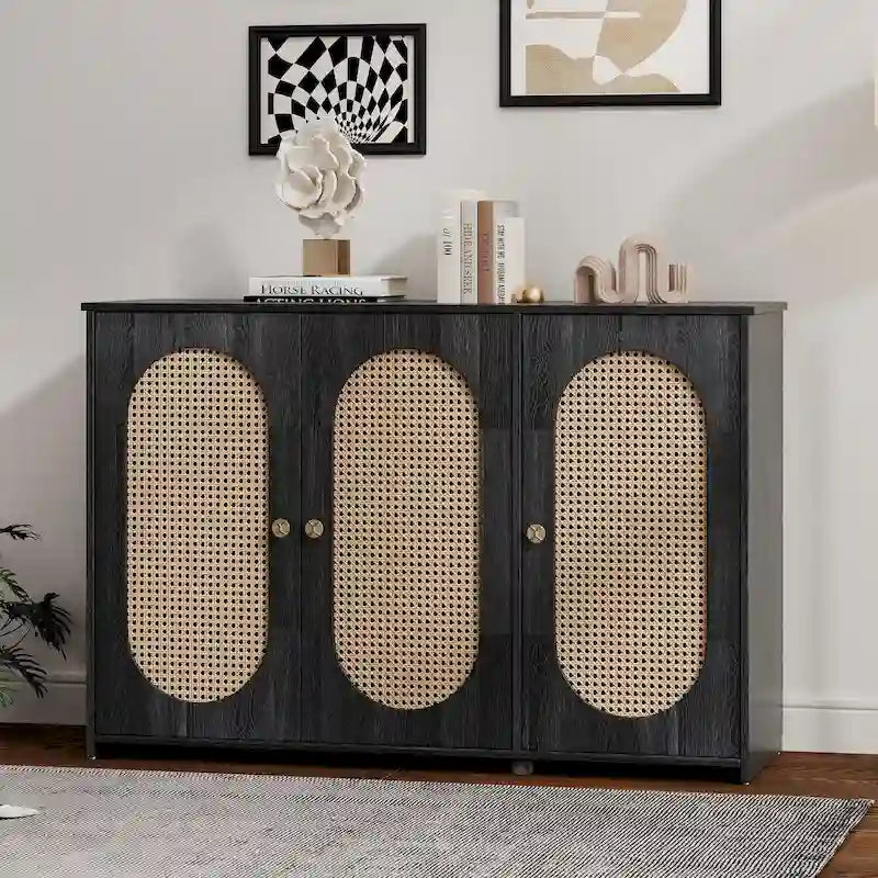3-Door Sideboard Buffet Cabinet with Oval Rattan Panel Doors Metal Handles and Cable Management Holes