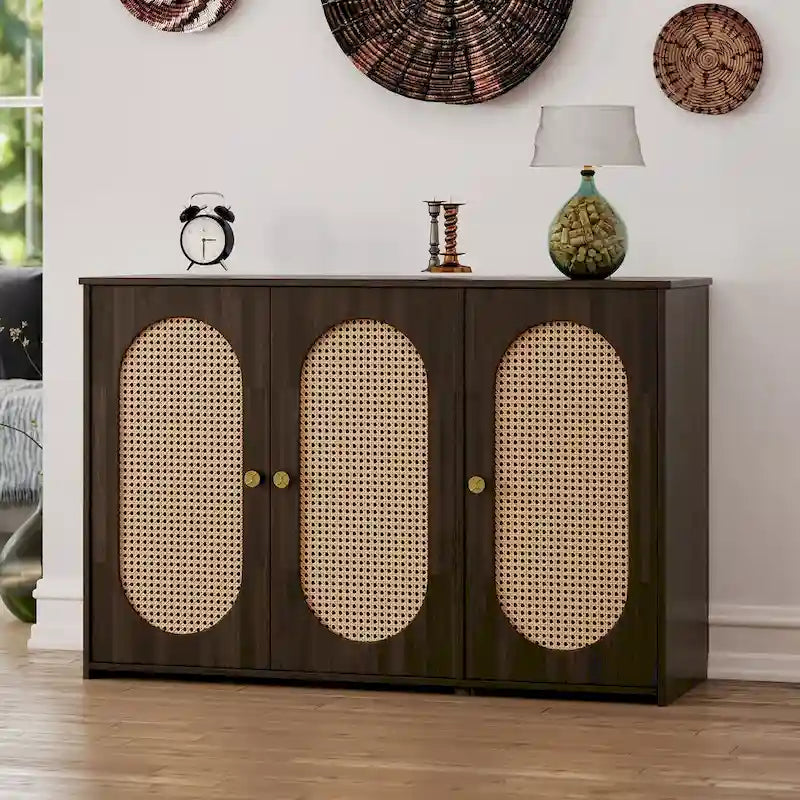 3-Door Sideboard Buffet Cabinet with Oval Rattan Panel Doors Metal Handles and Cable Management Holes
