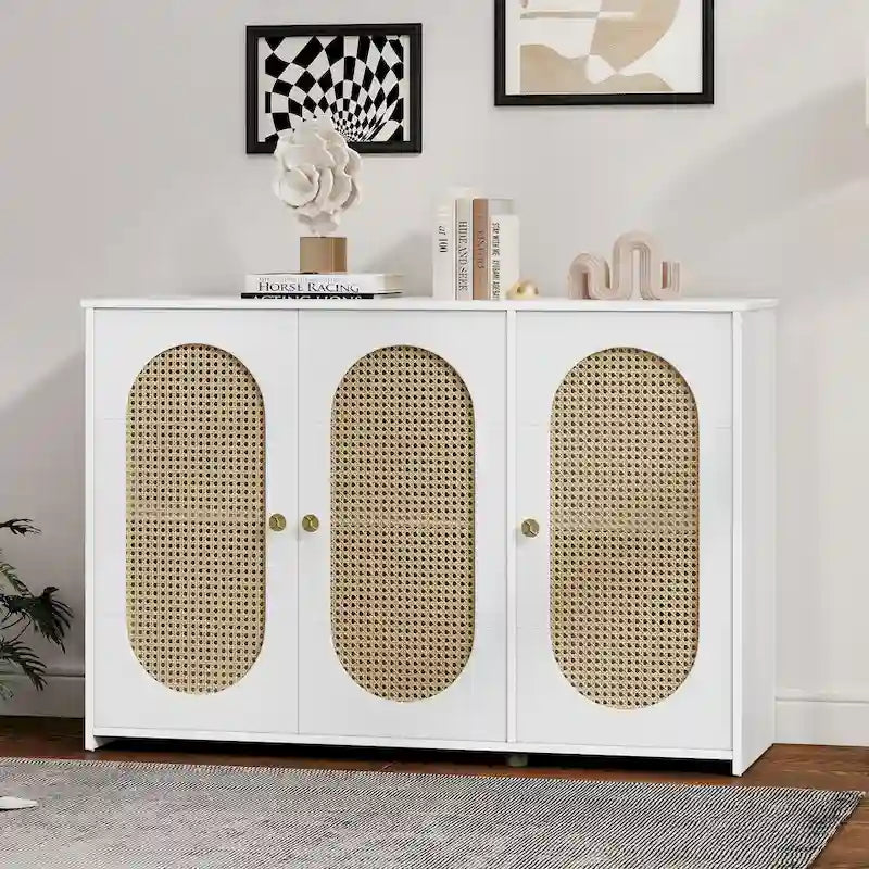 3-Door Sideboard Buffet Cabinet with Oval Rattan Panel Doors Metal Handles and Cable Management Holes