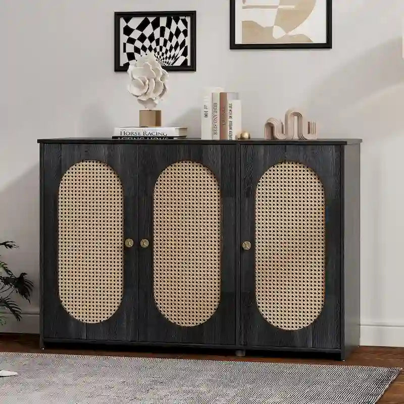 3-Door Sideboard Buffet Cabinet with Oval Rattan Panel Doors Metal Handles and Cable Management Holes