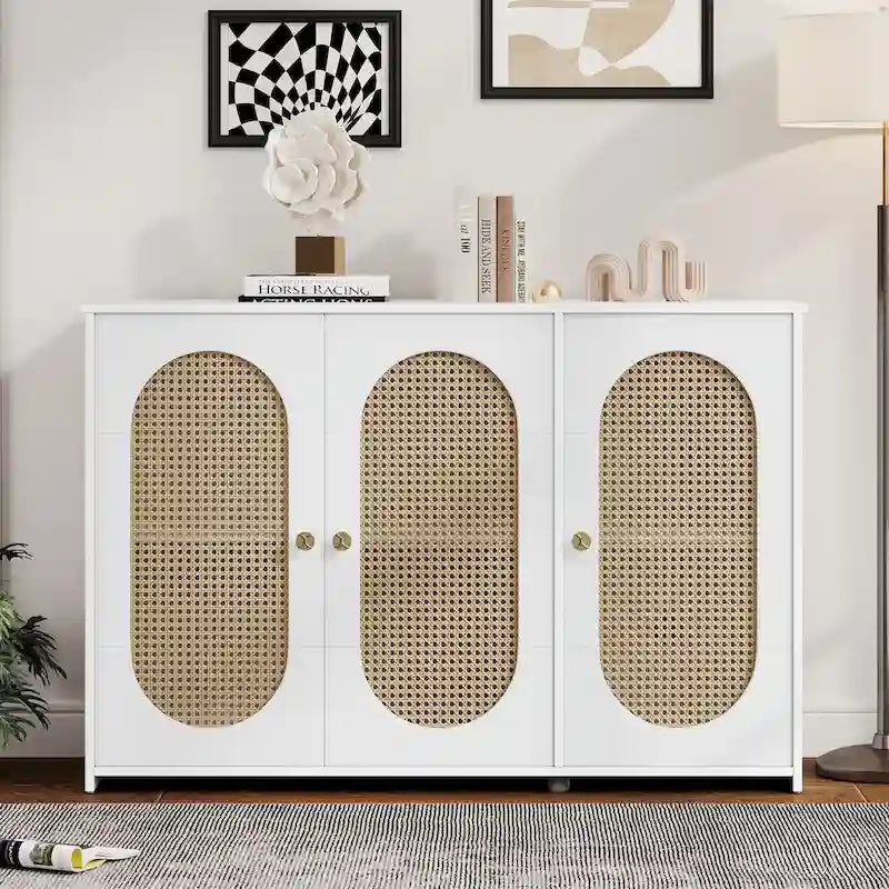 3-Door Sideboard Buffet Cabinet with Oval Rattan Panel Doors Metal Handles and Cable Management Holes