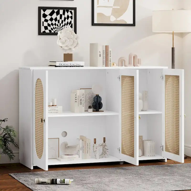 3-Door Sideboard Buffet Cabinet with Oval Rattan Panel Doors Metal Handles and Cable Management Holes