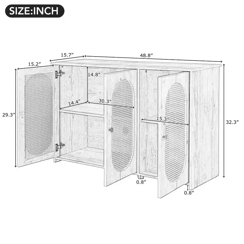 3-Door Sideboard Buffet Cabinet with Oval Rattan Panel Doors Metal Handles and Cable Management Holes