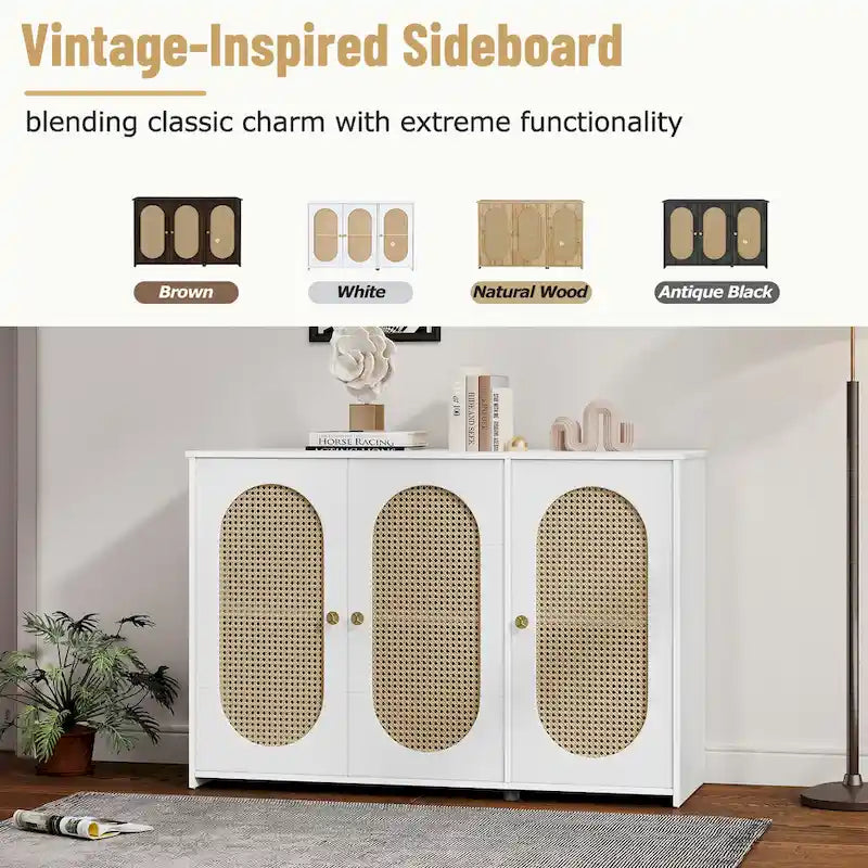 3-Door Sideboard Buffet Cabinet with Oval Rattan Panel Doors Metal Handles and Cable Management Holes