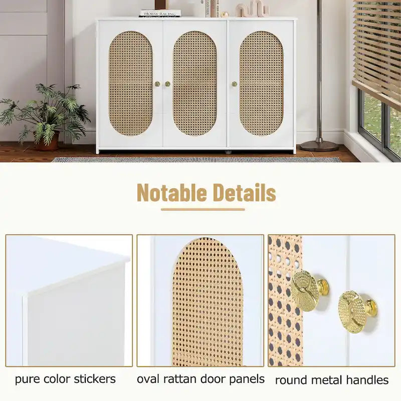 3-Door Sideboard Buffet Cabinet with Oval Rattan Panel Doors Metal Handles and Cable Management Holes