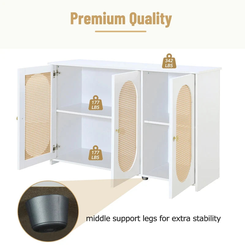 3-Door Sideboard Buffet Cabinet with Oval Rattan Panel Doors Metal Handles and Cable Management Holes