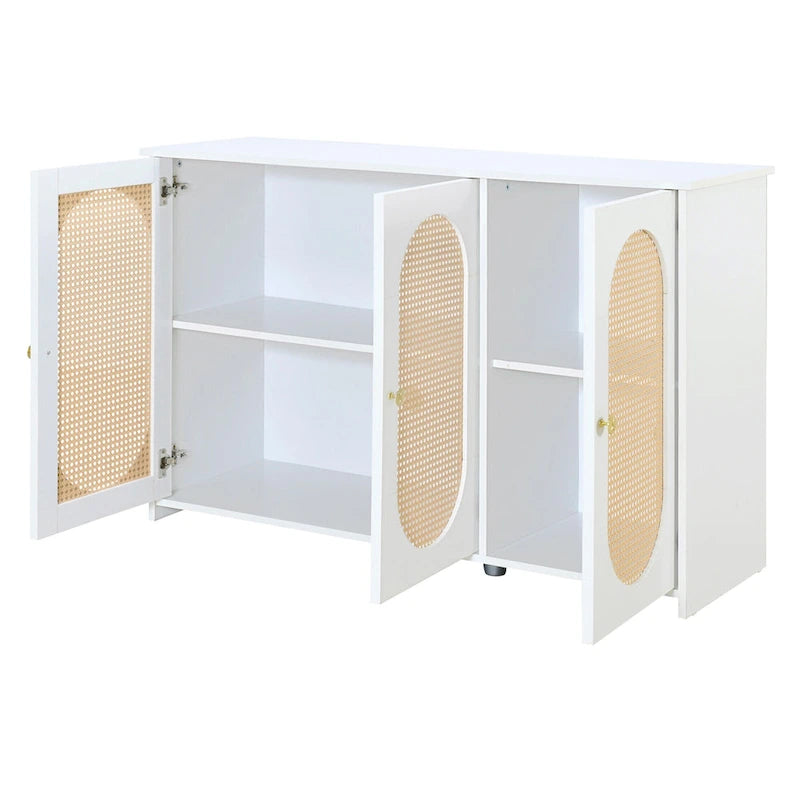 3-Door Sideboard Buffet Cabinet with Oval Rattan Panel Doors Metal Handles and Cable Management Holes