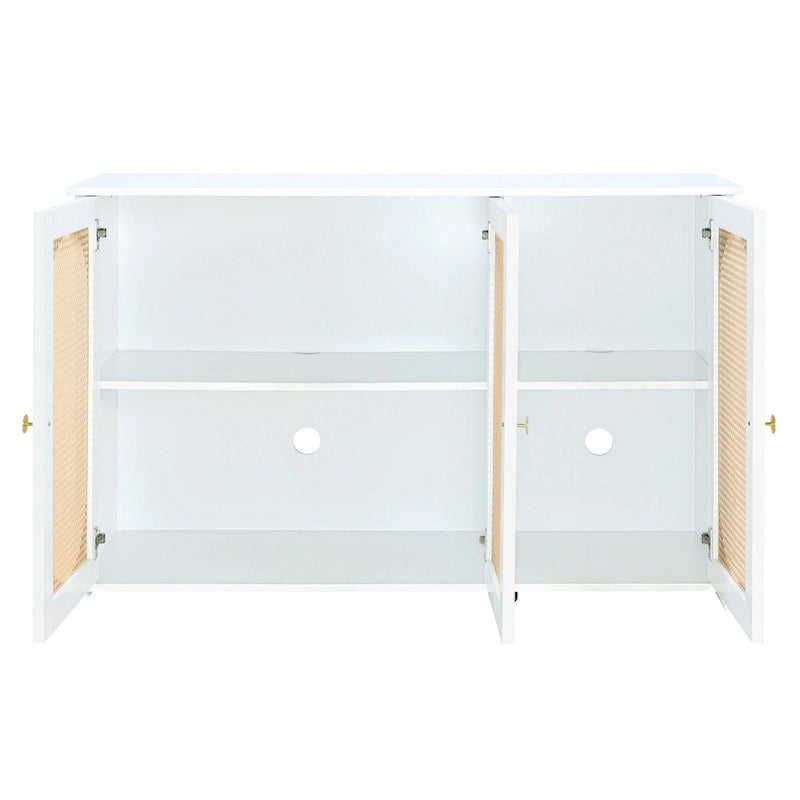 3-Door Sideboard Buffet Cabinet with Oval Rattan Panel Doors Metal Handles and Cable Management Holes