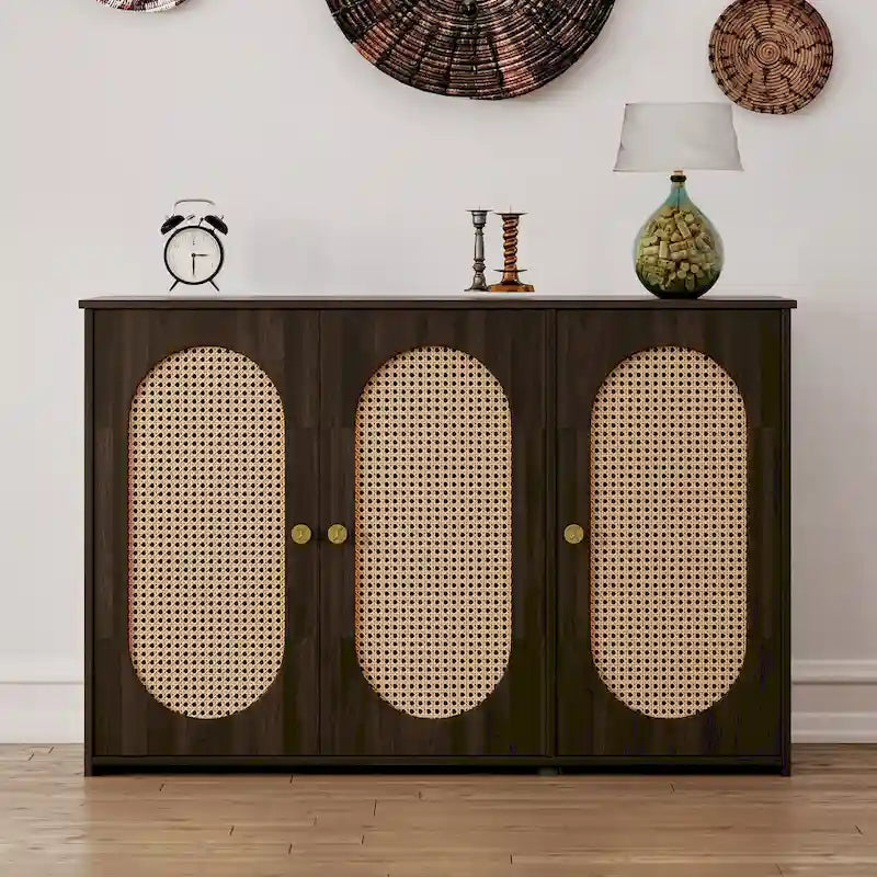 3-Door Sideboard Buffet Cabinet with Oval Rattan Panel Doors Metal Handles and Cable Management Holes