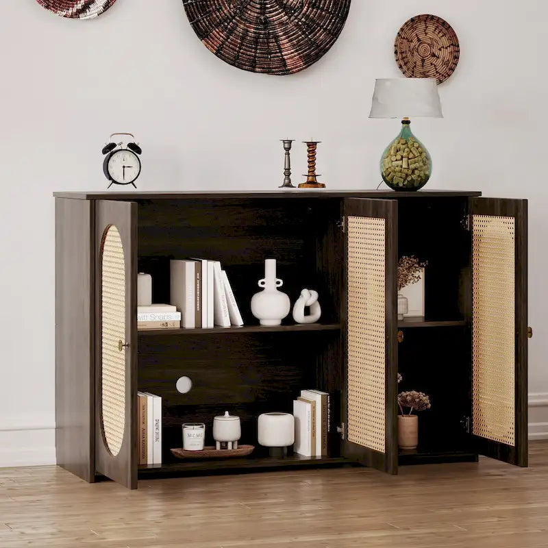 3-Door Sideboard Buffet Cabinet with Oval Rattan Panel Doors Metal Handles and Cable Management Holes
