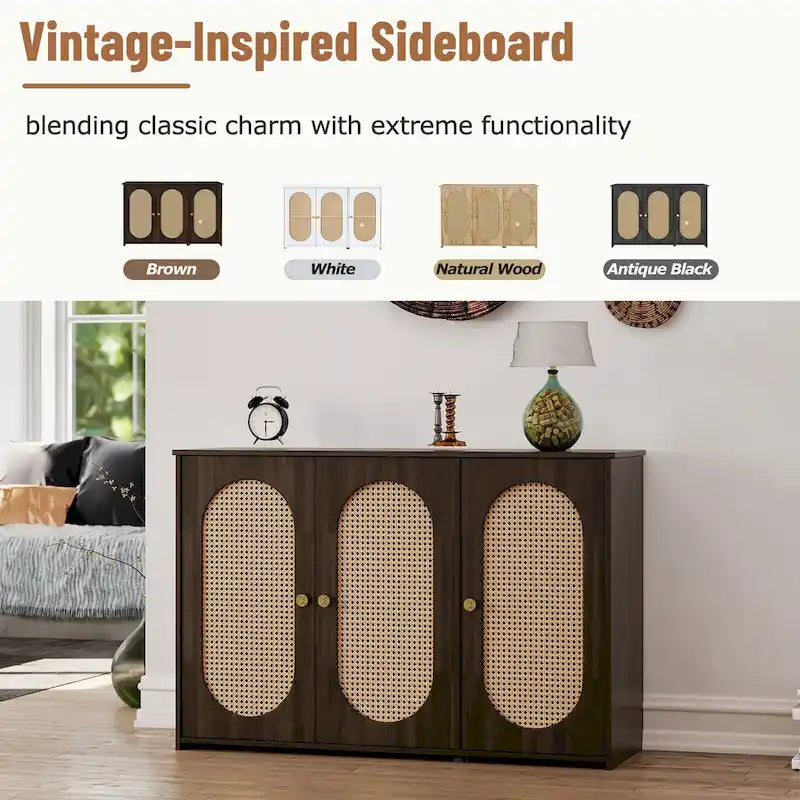 3-Door Sideboard Buffet Cabinet with Oval Rattan Panel Doors Metal Handles and Cable Management Holes