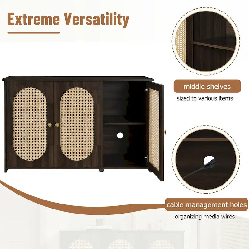 3-Door Sideboard Buffet Cabinet with Oval Rattan Panel Doors Metal Handles and Cable Management Holes