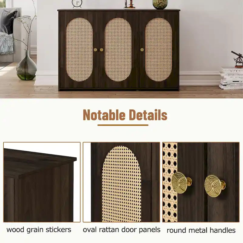 3-Door Sideboard Buffet Cabinet with Oval Rattan Panel Doors Metal Handles and Cable Management Holes