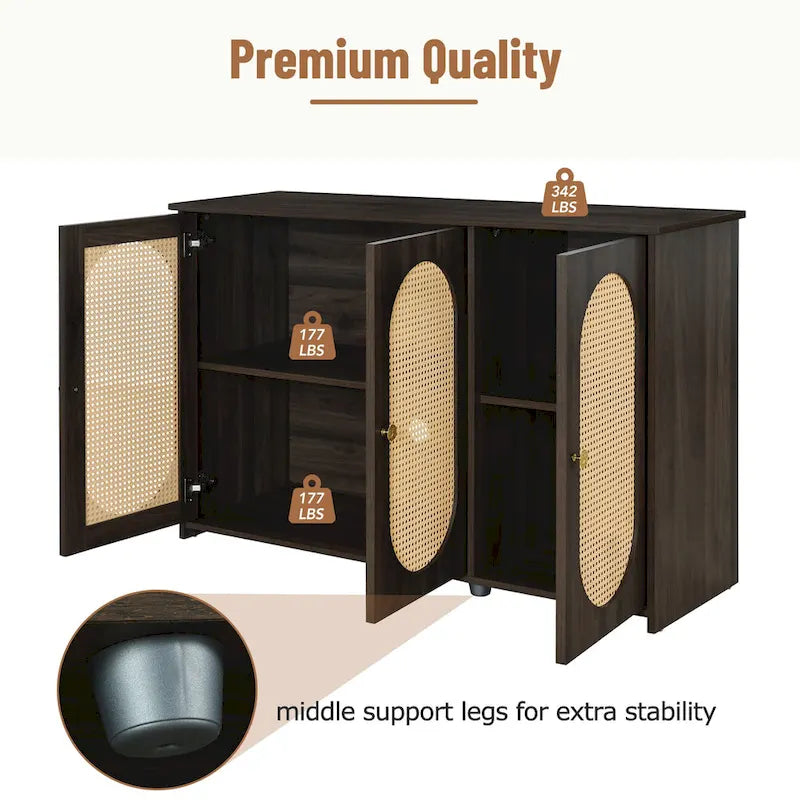 3-Door Sideboard Buffet Cabinet with Oval Rattan Panel Doors Metal Handles and Cable Management Holes