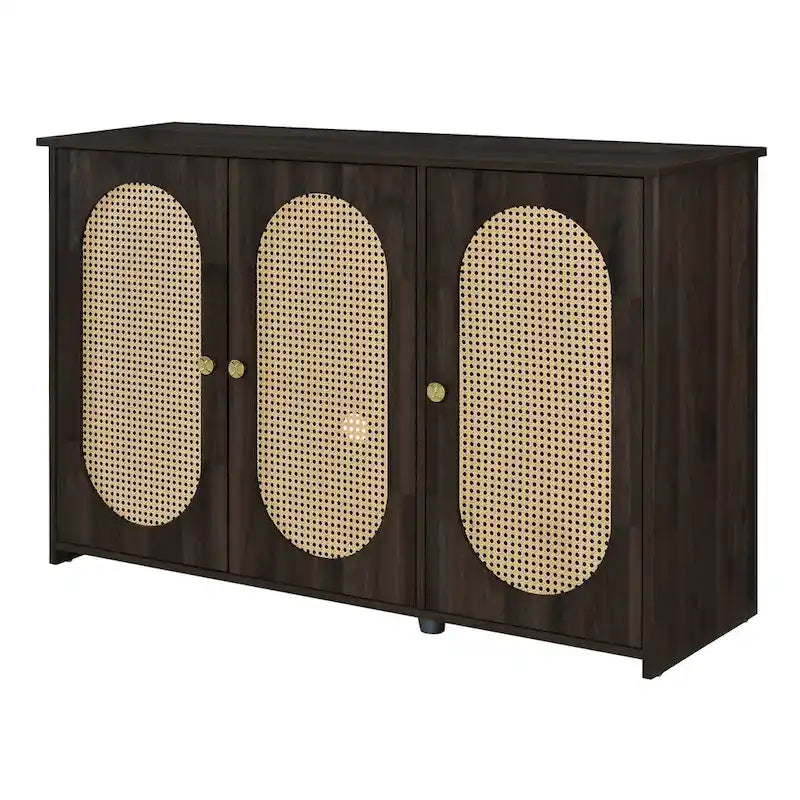 3-Door Sideboard Buffet Cabinet with Oval Rattan Panel Doors Metal Handles and Cable Management Holes
