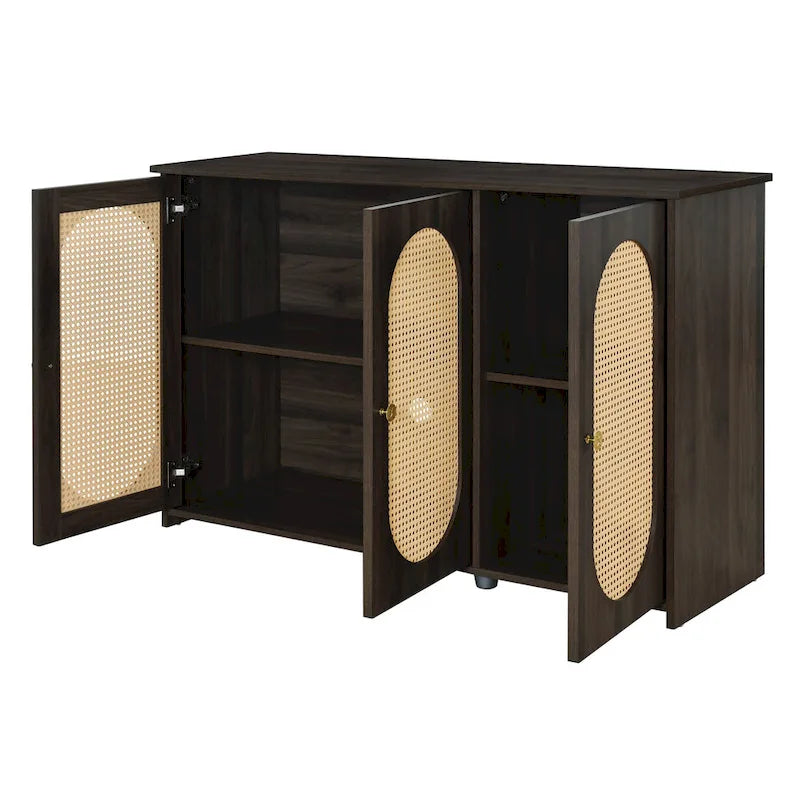 3-Door Sideboard Buffet Cabinet with Oval Rattan Panel Doors Metal Handles and Cable Management Holes