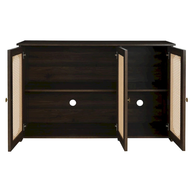 3-Door Sideboard Buffet Cabinet with Oval Rattan Panel Doors Metal Handles and Cable Management Holes