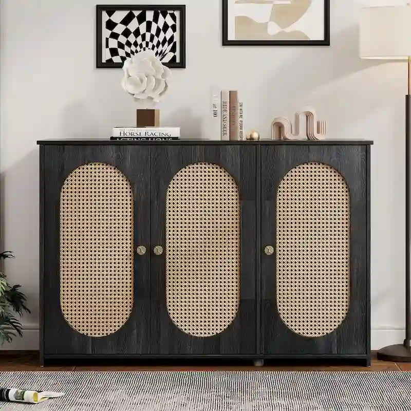 3-Door Sideboard Buffet Cabinet with Oval Rattan Panel Doors Metal Handles and Cable Management Holes