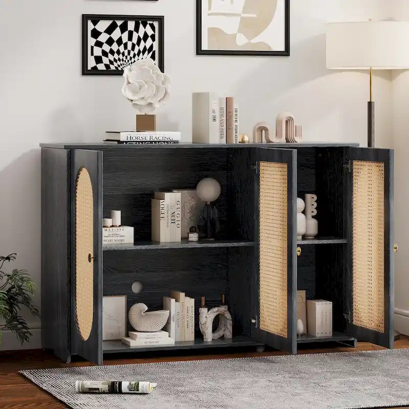 3-Door Sideboard Buffet Cabinet with Oval Rattan Panel Doors Metal Handles and Cable Management Holes