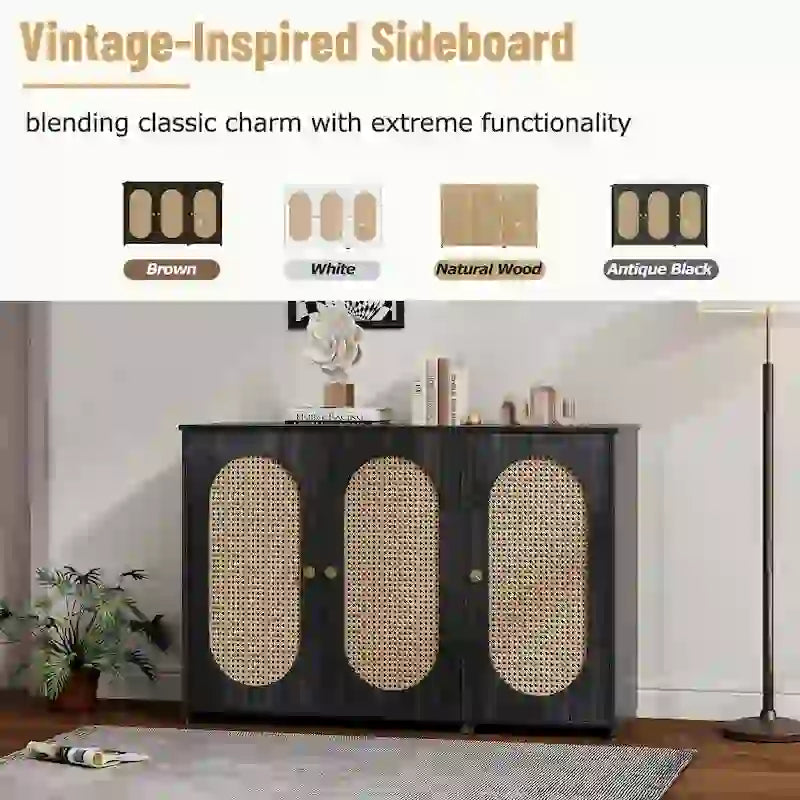 3-Door Sideboard Buffet Cabinet with Oval Rattan Panel Doors Metal Handles and Cable Management Holes