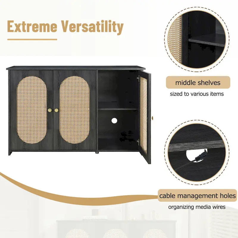 3-Door Sideboard Buffet Cabinet with Oval Rattan Panel Doors Metal Handles and Cable Management Holes