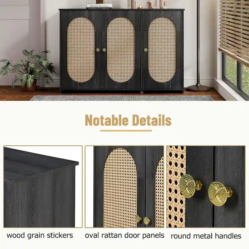3-Door Sideboard Buffet Cabinet with Oval Rattan Panel Doors Metal Handles and Cable Management Holes