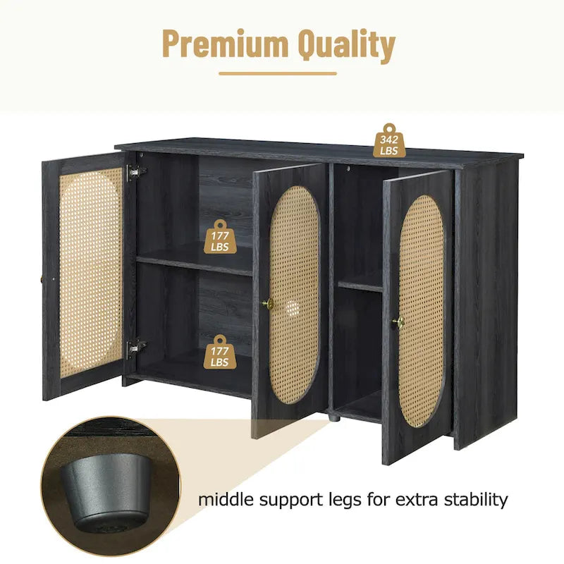 3-Door Sideboard Buffet Cabinet with Oval Rattan Panel Doors Metal Handles and Cable Management Holes