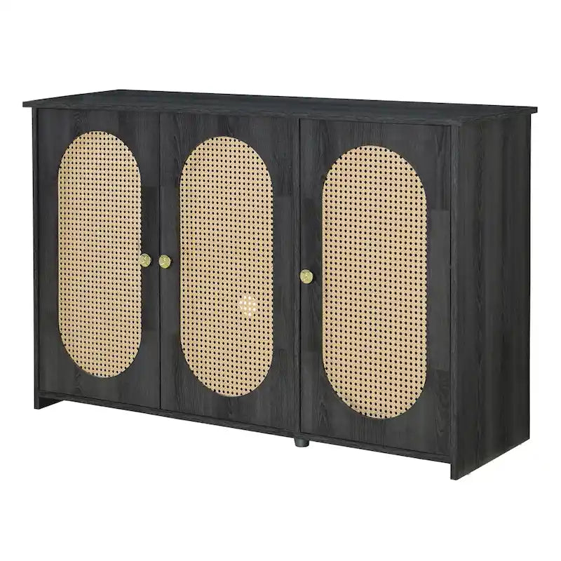 3-Door Sideboard Buffet Cabinet with Oval Rattan Panel Doors Metal Handles and Cable Management Holes