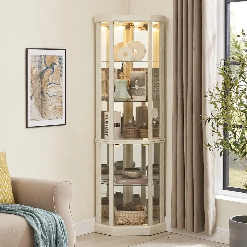 70 Inch Tall Corner Curio Cabinet with Glass Panels Side-Hung Doors Mirrored Back Built-In Light and Adjustable Shelves