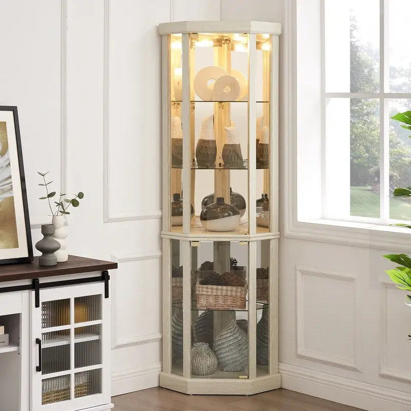 70 Inch Tall Corner Curio Cabinet with Glass Panels Side-Hung Doors Mirrored Back Built-In Light and Adjustable Shelves