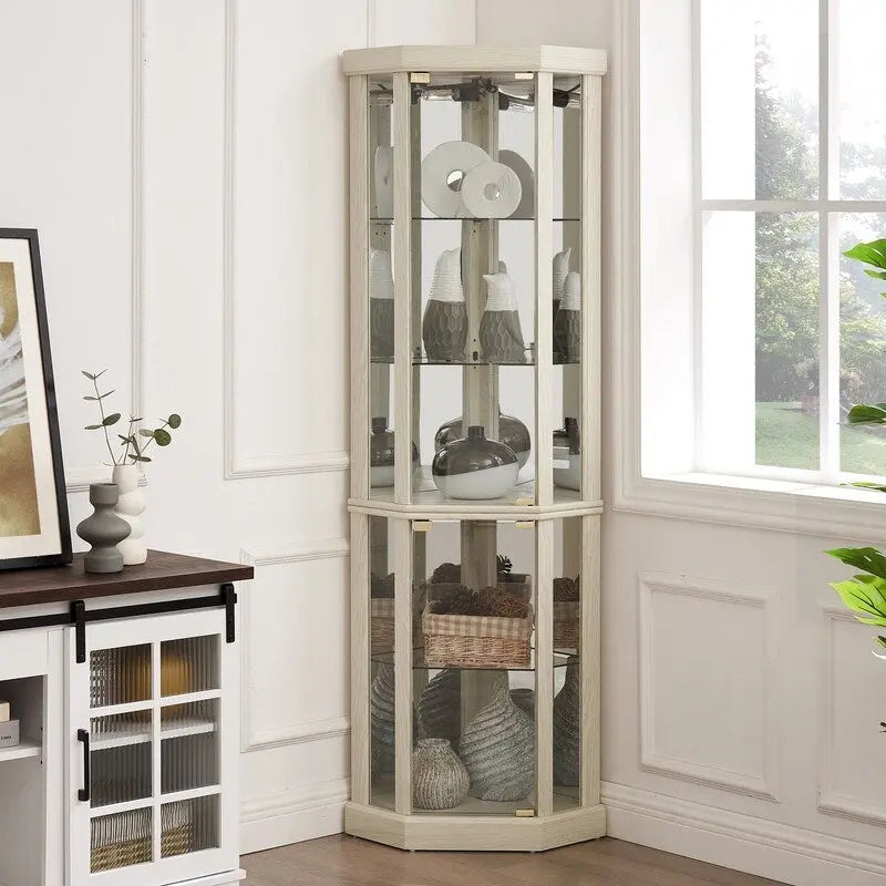 70 Inch Tall Corner Curio Cabinet with Glass Panels Side-Hung Doors Mirrored Back Built-In Light and Adjustable Shelves