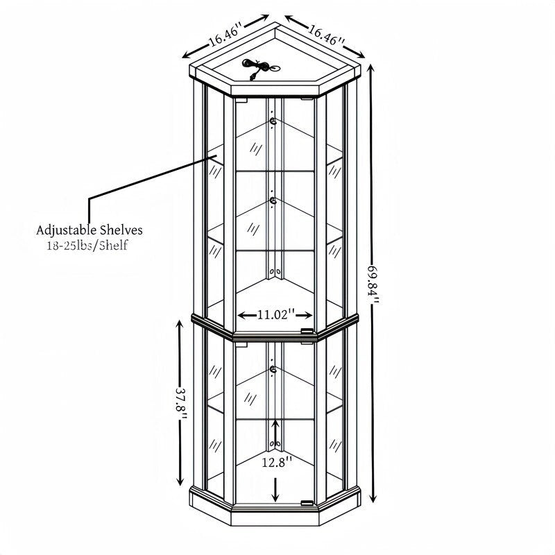 70 Inch Tall Corner Curio Cabinet with Glass Panels Side-Hung Doors Mirrored Back Built-In Light and Adjustable Shelves