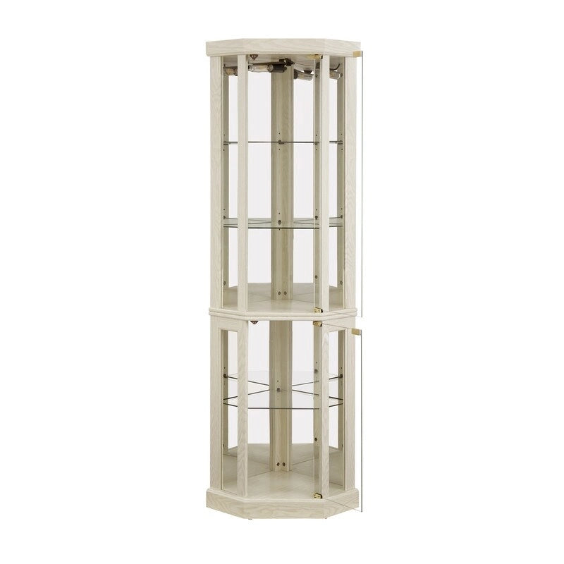70 Inch Tall Corner Curio Cabinet with Glass Panels Side-Hung Doors Mirrored Back Built-In Light and Adjustable Shelves