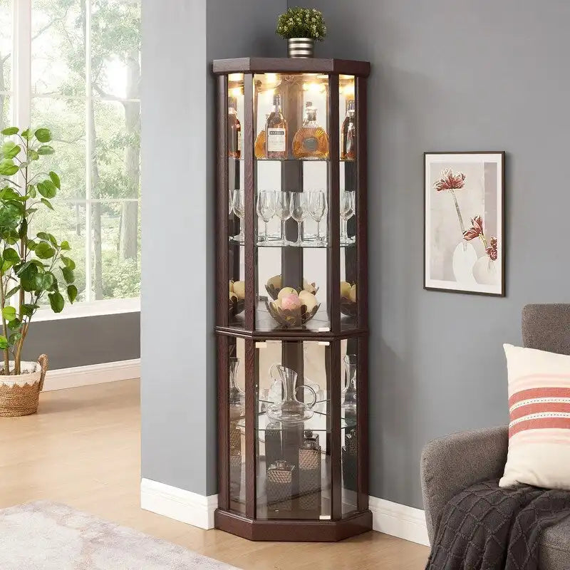 70 Inch Tall Corner Curio Cabinet with Glass Panels Side-Hung Doors Mirrored Back Built-In Light and Adjustable Shelves