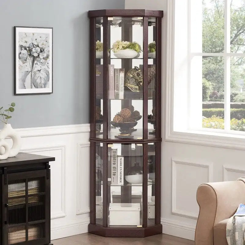 70 Inch Tall Corner Curio Cabinet with Glass Panels Side-Hung Doors Mirrored Back Built-In Light and Adjustable Shelves