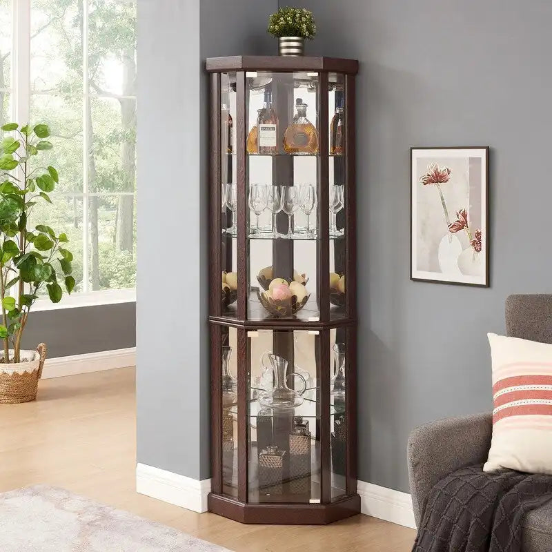 70 Inch Tall Corner Curio Cabinet with Glass Panels Side-Hung Doors Mirrored Back Built-In Light and Adjustable Shelves