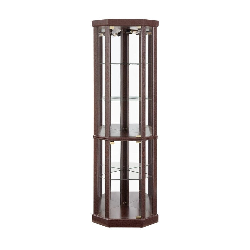 70 Inch Tall Corner Curio Cabinet with Glass Panels Side-Hung Doors Mirrored Back Built-In Light and Adjustable Shelves
