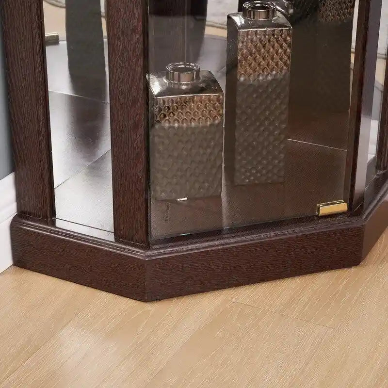 70 Inch Tall Corner Curio Cabinet with Glass Panels Side-Hung Doors Mirrored Back Built-In Light and Adjustable Shelves