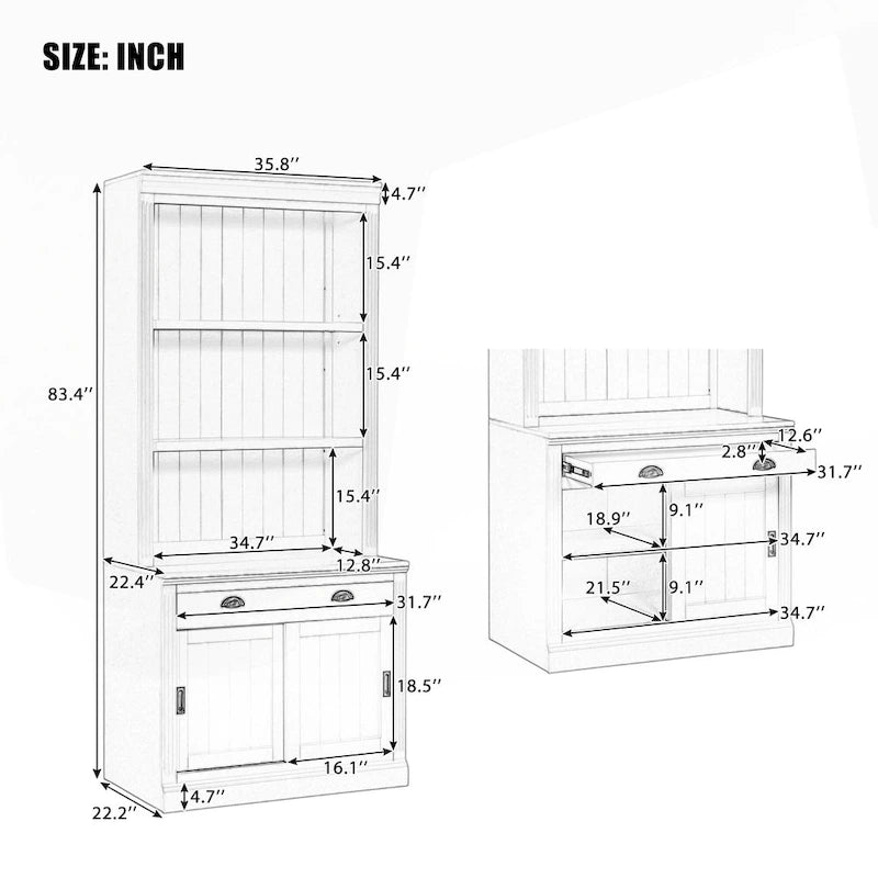 Tall Bookcase with LED Top Lighting 3 Open Shelves Center Drawer 2 Sliding Doors Beadboard Panels and Gold Semicircle Pulls