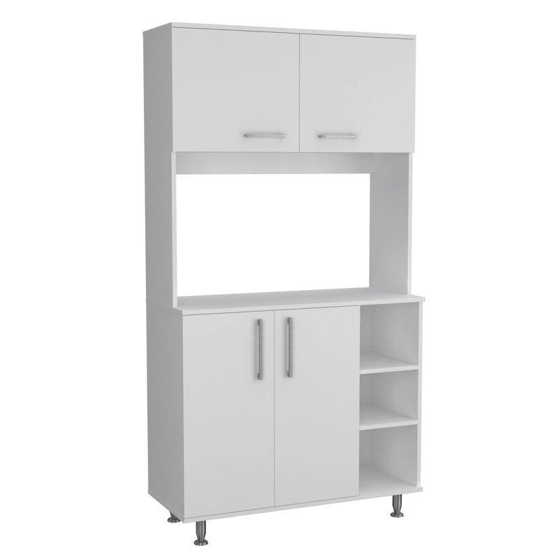 Tall Kitchen Pantry Cabinet with Microwave Counter 2 Top Cabinets Double-Door Lower Cabinet and 3 Open Shelves