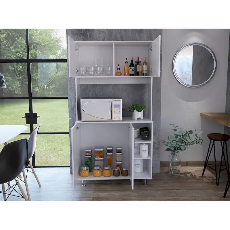 Tall Kitchen Pantry Cabinet with Microwave Counter 2 Top Cabinets Double-Door Lower Cabinet and 3 Open Shelves