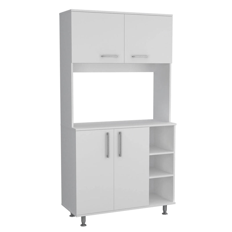 Tall Kitchen Pantry Cabinet with Microwave Counter 2 Top Cabinets Double-Door Lower Cabinet and 3 Open Shelves